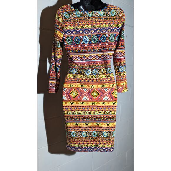 Say What Geometric Tribal Boho Multicolor Print Dress Long Sleeve Bodycon Medium - Picture 2 of 5